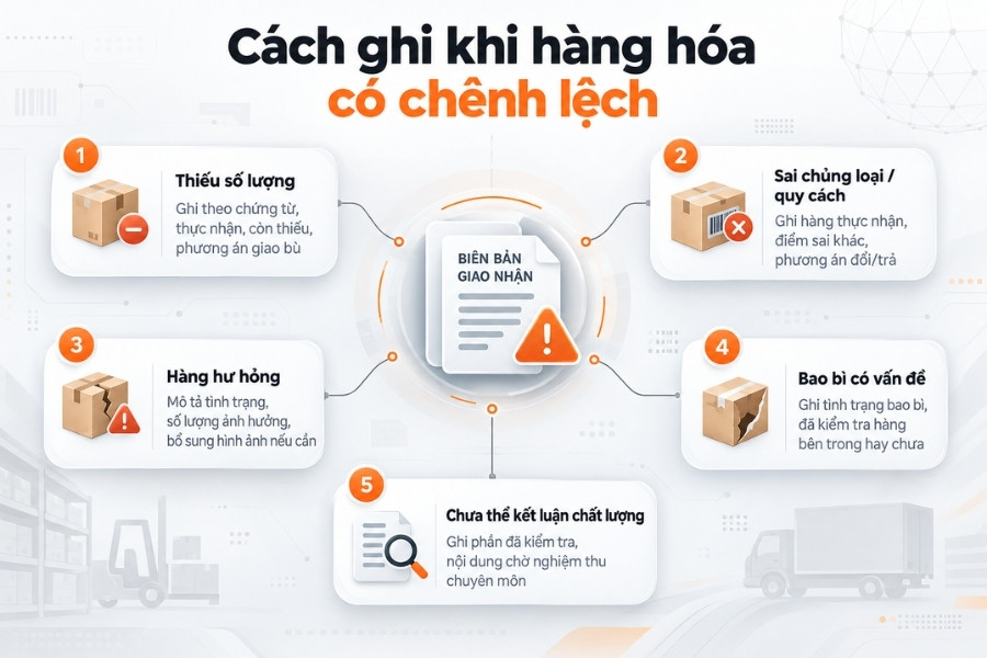 Infographic hướng dẫn 5 cách ghi biên bản giao nhận khi hàng hóa có chênh lệch từ 1Office.