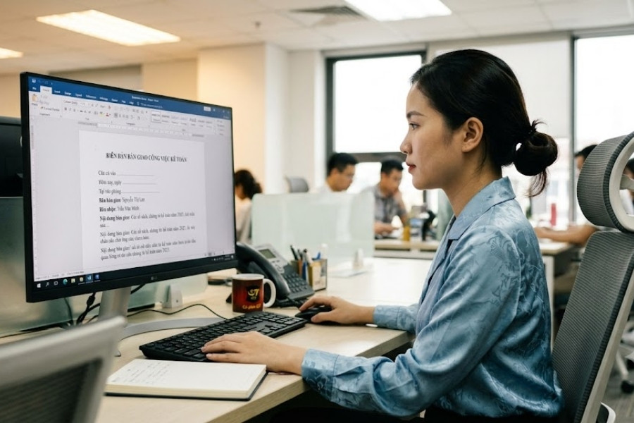 Nhân viên kế toán đang soạn thảo văn bản BIÊN BẢN BÀN GIAO CÔNG VIỆC KẾ TOÁN trên máy tính văn phòng trong doanh nghiệp sản xuất.