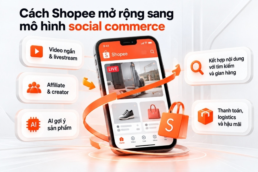 Infographic Cách Shopee mở rộng sang mô hình social commerce từ 1Office.