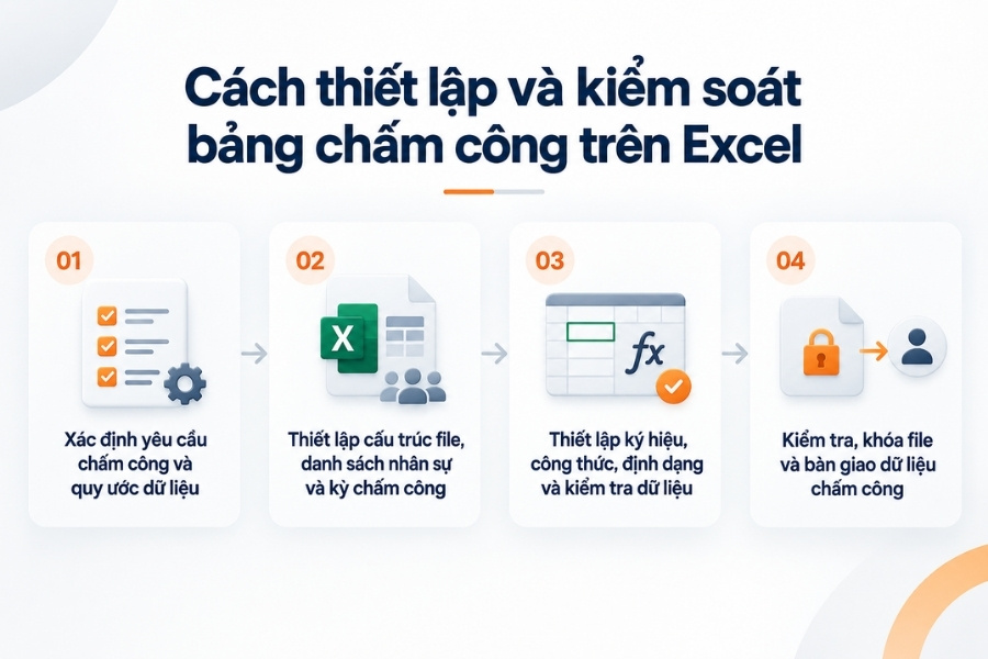 Infographic quy trình 4 bước thiết lập và kiểm soát bảng chấm công trên Excel chuẩn cho bộ phận nhân sự