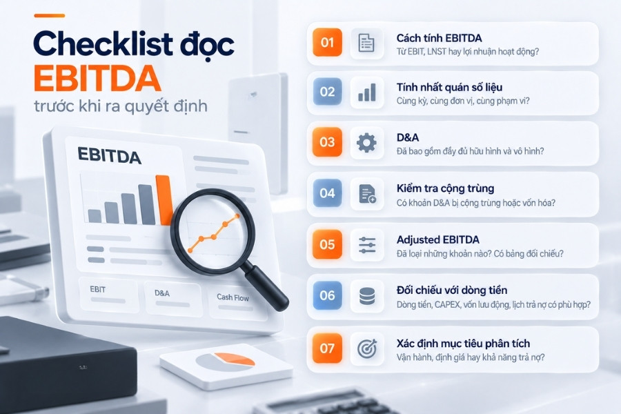Infographic checklist 7 bước đọc và kiểm tra chỉ số EBITDA trước khi ra quyết định quản trị