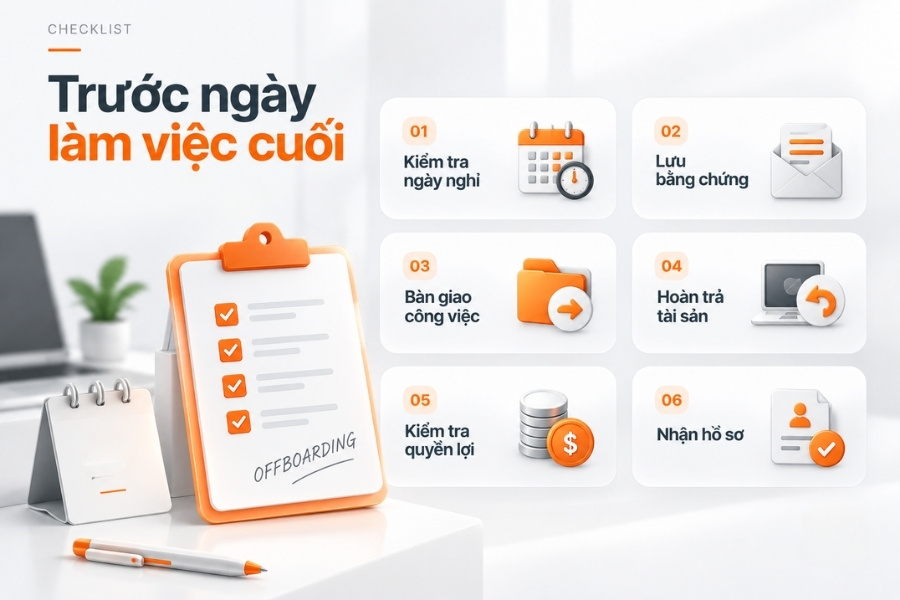 Infographic checklist 6 việc cần hoàn tất trước ngày làm việc cuối cùng trong quy trình offboarding từ 1Office.