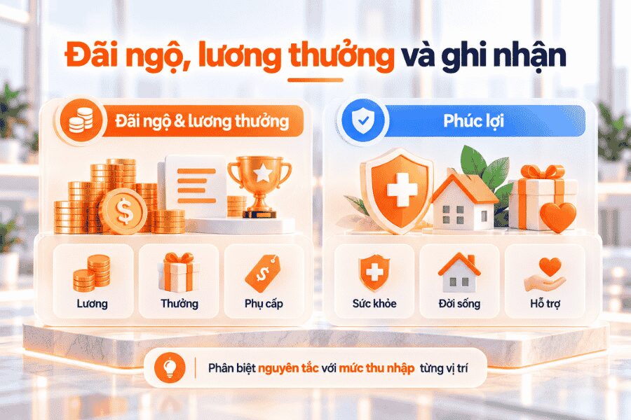 Các thành phần đãi ngộ gồm lương, thưởng và phụ cấp theo điều kiện áp dụng.