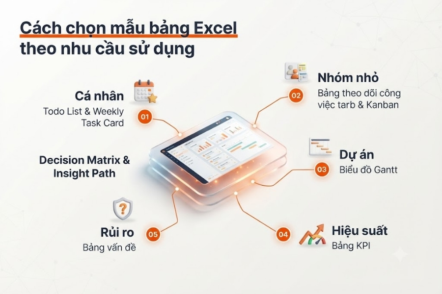 Infographic hướng dẫn cách chọn mẫu bảng Excel theo nhu cầu sử dụng gồm cá nhân, nhóm nhỏ, dự án, hiệu suất và quản lý rủi ro