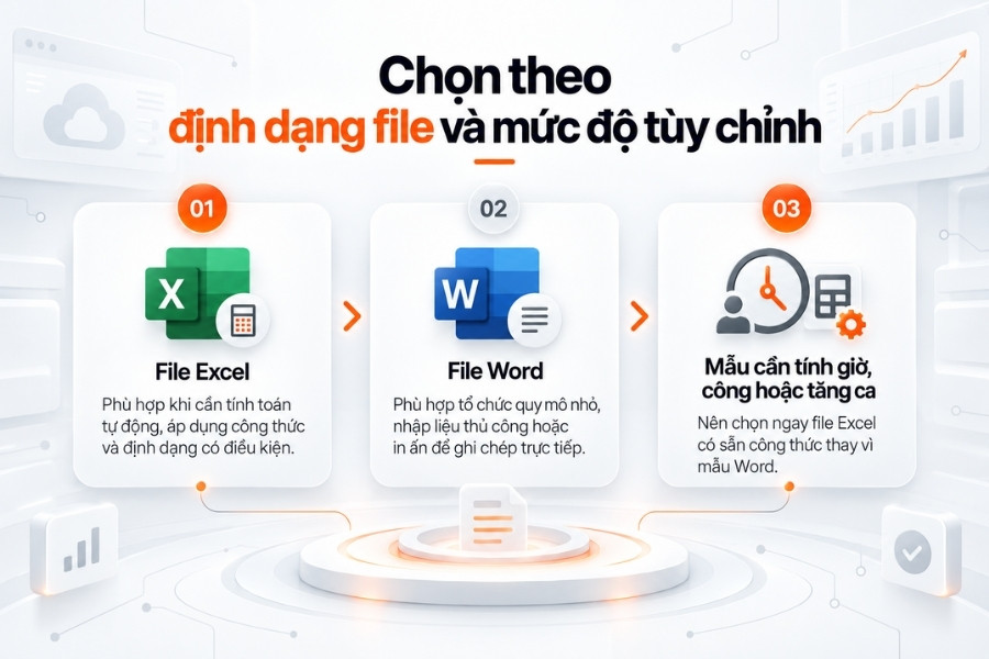 Infographic hướng dẫn chọn bảng chấm công theo định dạng file Excel, Word và mức độ tùy chỉnh