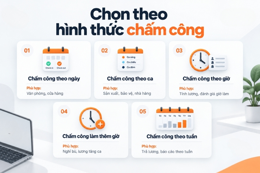 Infographic tổng hợp 5 hình thức chấm công phổ biến gồm theo ngày, theo ca, theo giờ, làm thêm giờ và theo tuần từ 1Office.