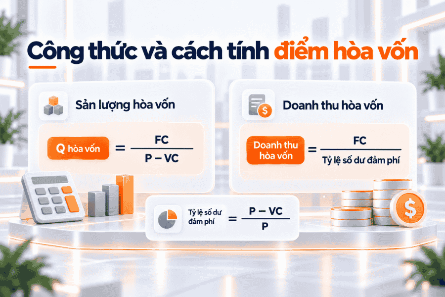 Công thức xác định sản lượng và doanh thu hòa vốn dựa trên chi phí cố định và số dư đảm phí.