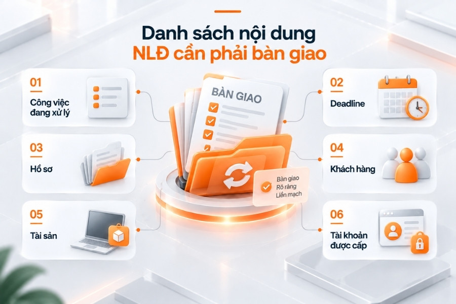 Infographic sơ đồ 6 nhóm nội dung trọng tâm người lao động cần bàn giao trước khi nghỉ việc từ 1Office.