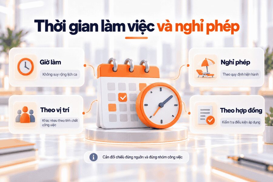 Điều kiện làm việc cần được xác nhận theo nhóm vị trí và loại hợp đồng.