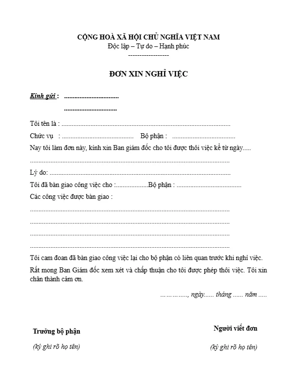 Mẫu đơn xin thôi việc file Google Doc