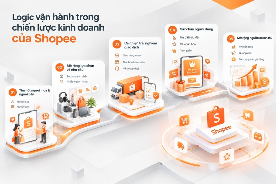 Infographic Logic vận hành trong chiến lược kinh doanh của Shopee từ 1Office.