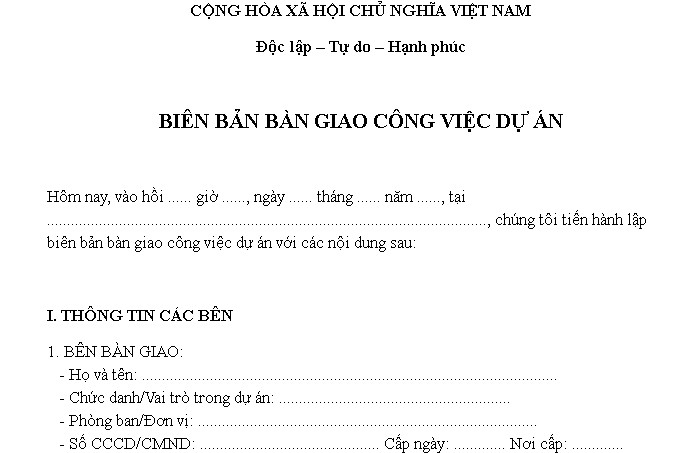 Mẫu biên bản bàn giao công việc dự án file doc