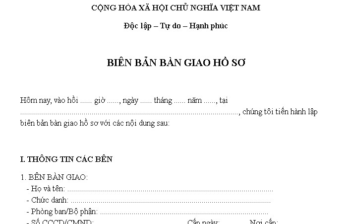 Mẫu biên bản bàn giao hồ sơ file word