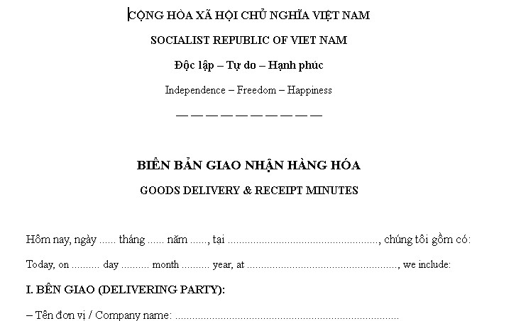Mẫu biên bản giao nhận hàng hóa song ngữ