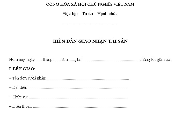 Mẫu biên bản giao nhận tài sản file word