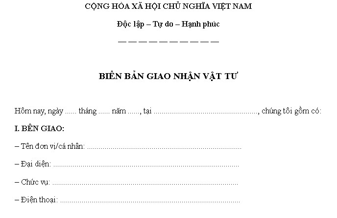 Mẫu biên bản giao nhận vật tư file word