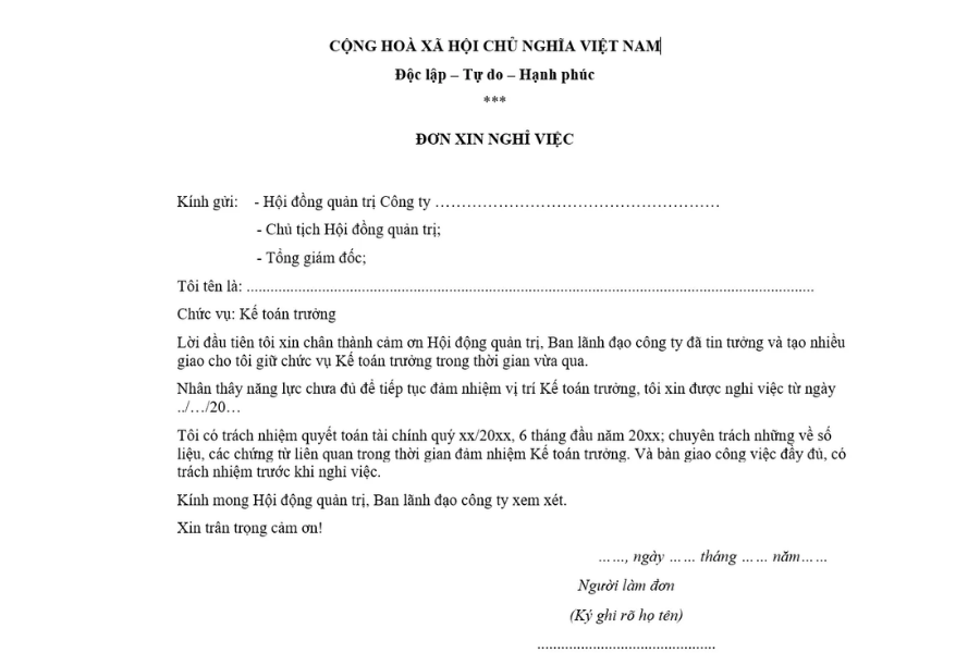 Mẫu đơn dành cho Kế toán trưởng