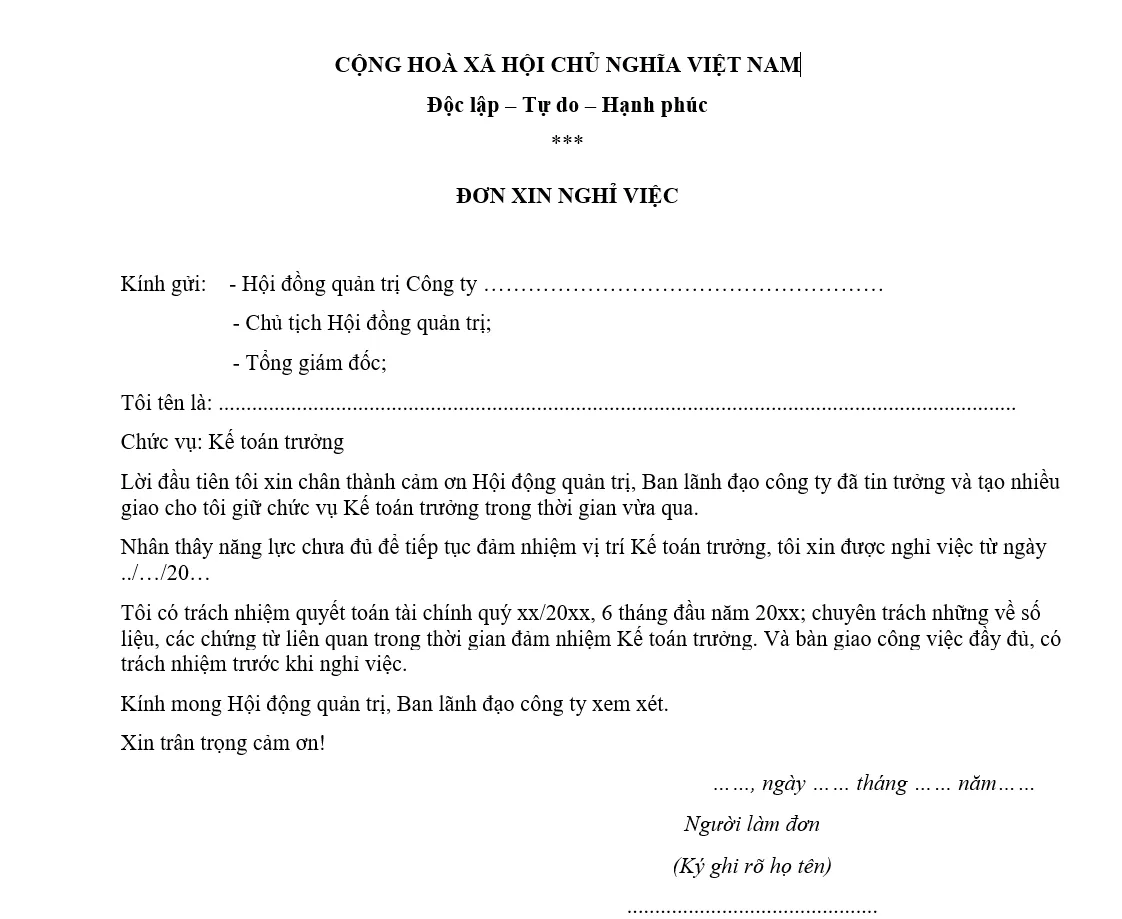 Mẫu đơn xin nghỉ việc dành cho vị trí kế toán trưởng file Word