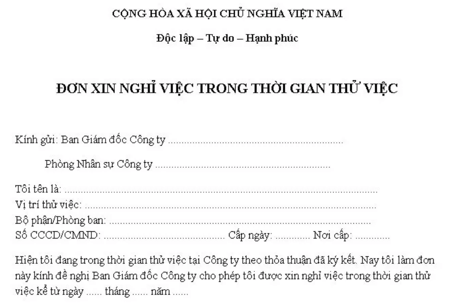 Mẫu đơn xin nghỉ trong thời gian thử việc