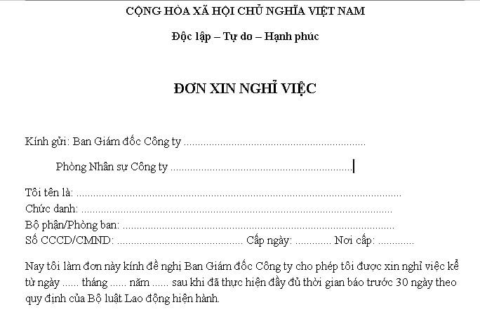 Mẫu đơn xin nghỉ việc báo trước 30 ngày