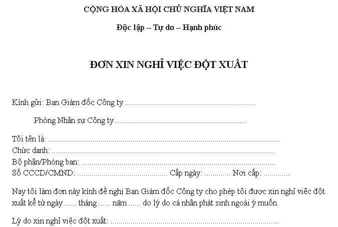 Mẫu đơn xin nghỉ việc đột xuất