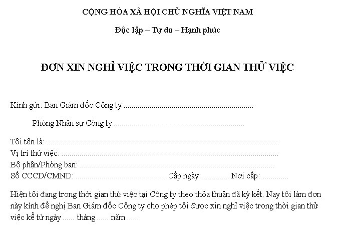 Mẫu đơn xin nghỉ việc trong thời gian thử việc