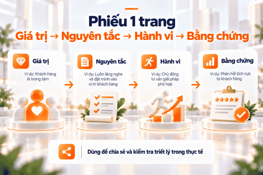 Mẫu phiếu bốn thành phần giúp doanh nghiệp cụ thể hóa và kiểm chứng triết lý kinh doanh.