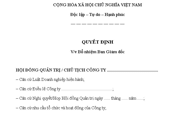 Mãu quyết định bổ nhiệm ban giám đốc