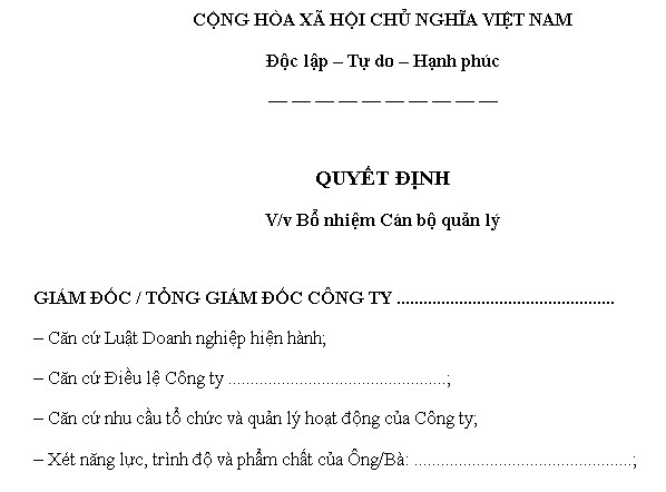 Mẫu quyết định bổ nhiệm cán bộ quản lý file word