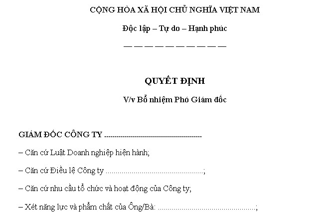 Mẫu quyết định bổ nhiệm phó giám đốc file word