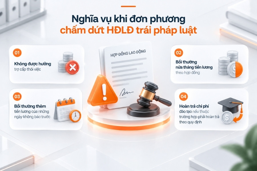 Infographic tổng hợp 4 nghĩa vụ tài chính của người lao động khi đơn phương chấm dứt hợp đồng lao động trái pháp luật từ 1Office.
