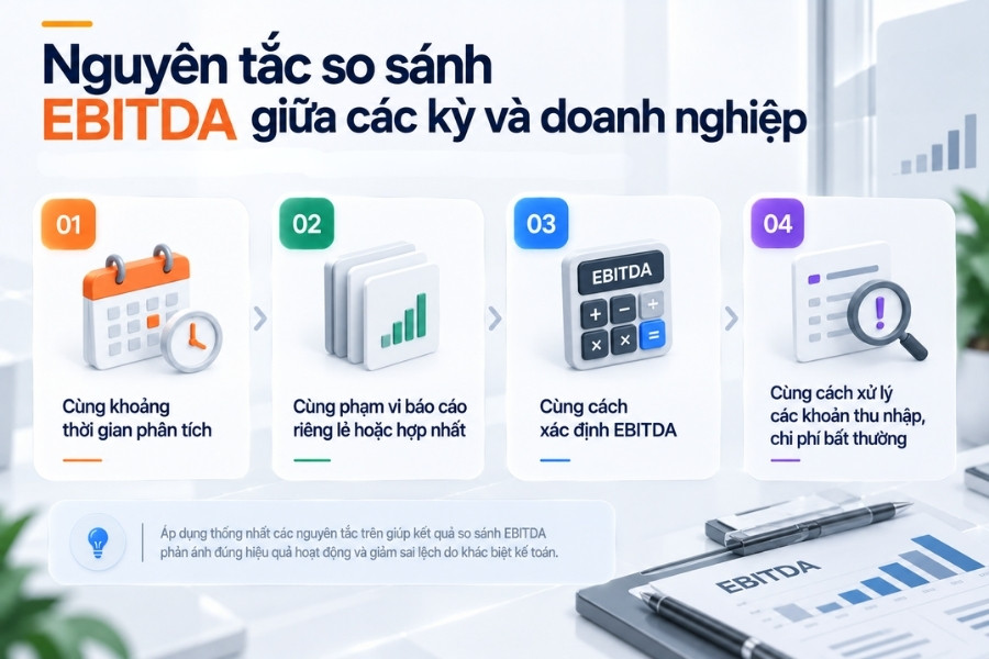 Infographic sơ đồ 4 nguyên tắc so sánh chỉ số EBITDA giữa các kỳ và doanh nghiệp từ 1Office.