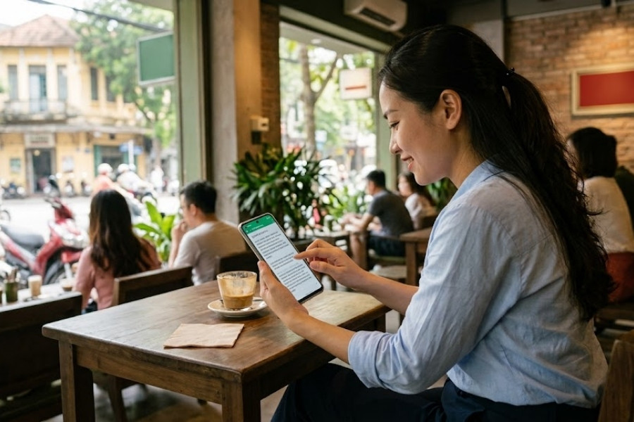Khách hàng thực hiện điền phiếu khảo sát ý kiến online trên điện thoại di động tại quán cà phê
