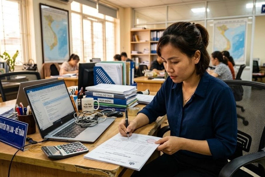 Nhân viên kế toán đang tập trung rà soát và ký duyệt văn bản đề nghị thanh toán công nợ tại văn phòng làm việc.