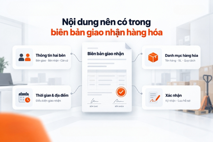 Infographic sơ đồ 4 nhóm nội dung cốt lõi nên có trong biên bản giao nhận hàng hóa từ 1Office.