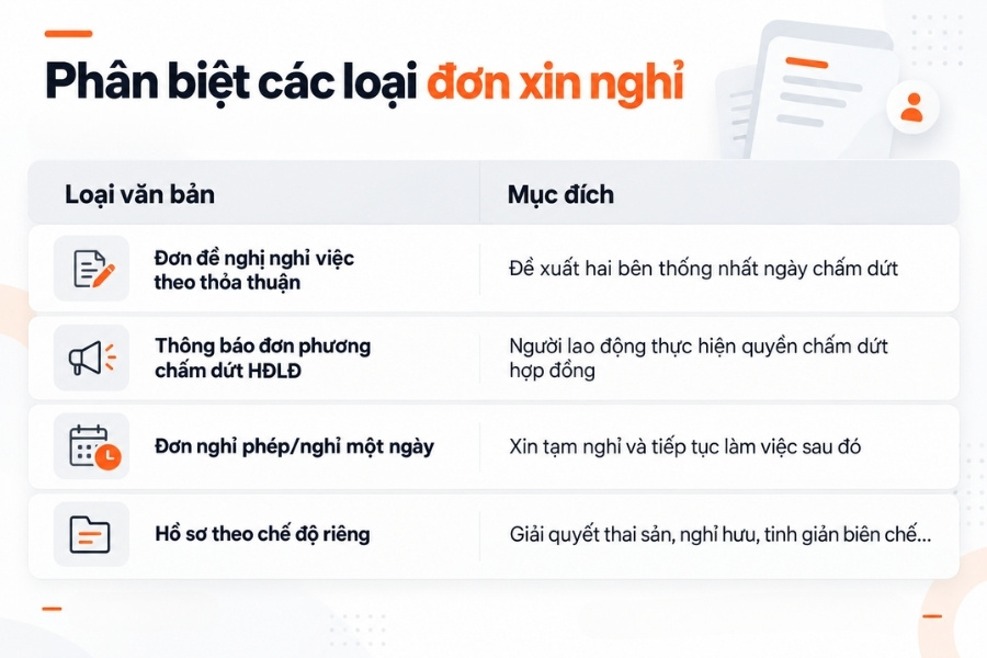 Infographic bảng phân biệt 4 loại đơn xin nghỉ theo mục đích từ 1Office.