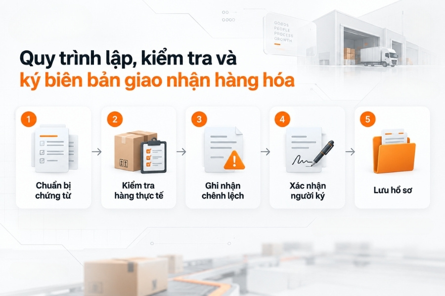 Infographic sơ đồ quy trình 5 bước lập, kiểm tra và ký biên bản giao nhận hàng hóa chuẩn từ 1Office.