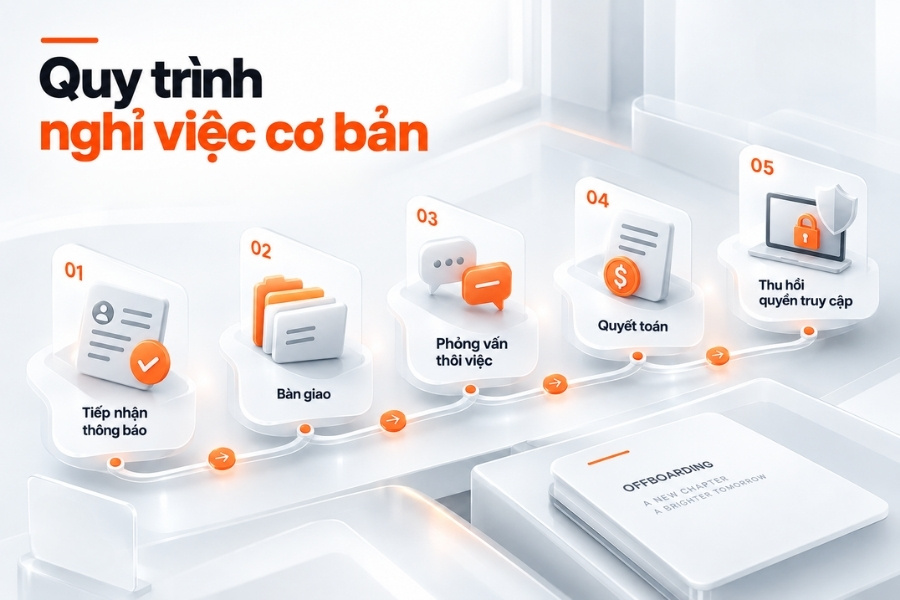 Infographic sơ đồ quy trình nghỉ việc cơ bản gồm 5 bước trong thủ tục offboarding nhân sự từ 1Office.