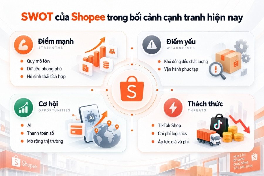 Infographic SWOT của Shopee trong bối cảnh cạnh tranh hiện nay từ 1Office.