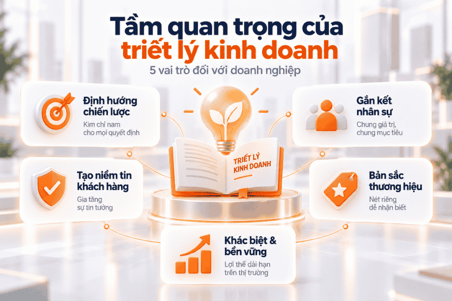 Năm vai trò của triết lý kinh doanh đối với chiến lược, nhân sự, khách hàng và thương hiệu.