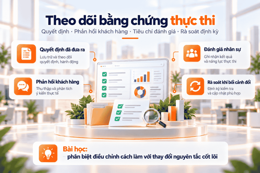 Mô hình theo dõi quyết định, phản hồi và tiêu chí đánh giá để kiểm tra việc thực thi triết lý.