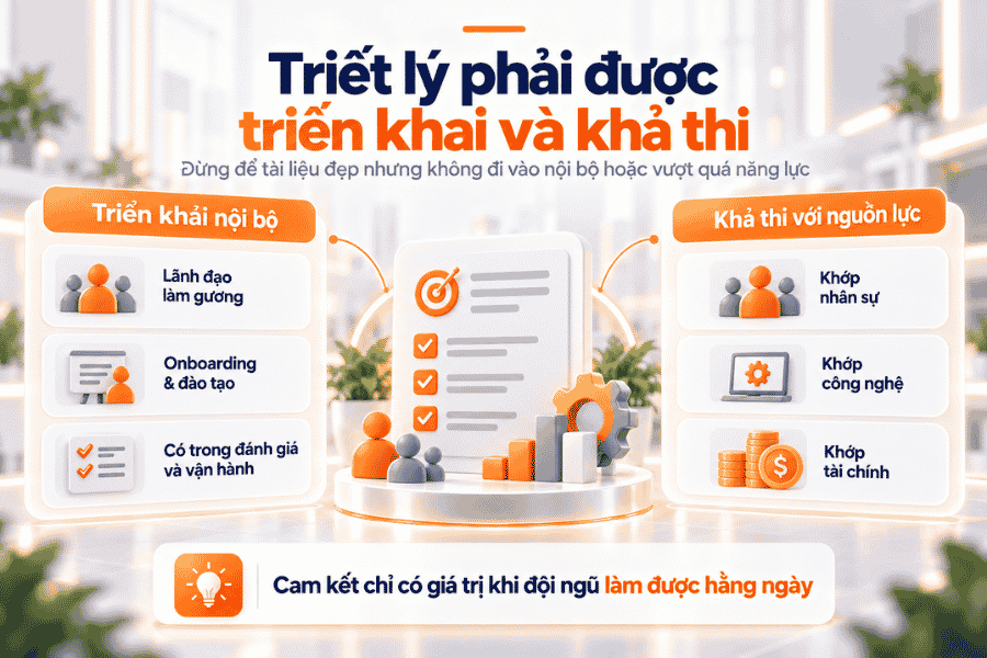 Hai yêu cầu quan trọng để triết lý đi vào thực tế: triển khai nội bộ và bảo đảm khả thi với nguồn lực.