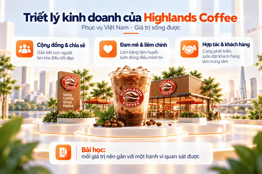 Minh họa các giá trị văn hóa gắn với cộng đồng, nhân viên và trải nghiệm khách hàng.