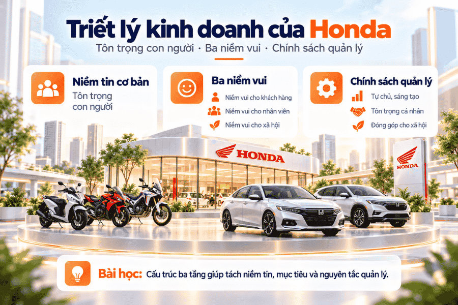 Mô hình ba lớp thể hiện niềm tin cơ bản, tôn chỉ công ty và chính sách quản lý của Honda.