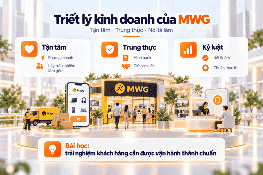 Minh họa định hướng phục vụ khách hàng và những nguyên tắc vận hành trong hệ thống bán lẻ.