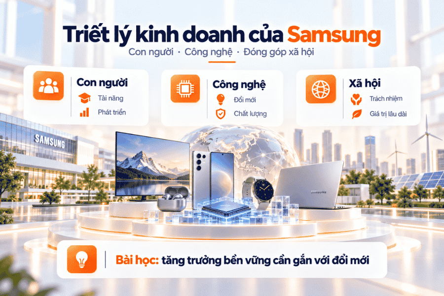 Thể hiện mối liên hệ giữa con người, công nghệ và đóng góp xã hội trong định hướng của Samsung.