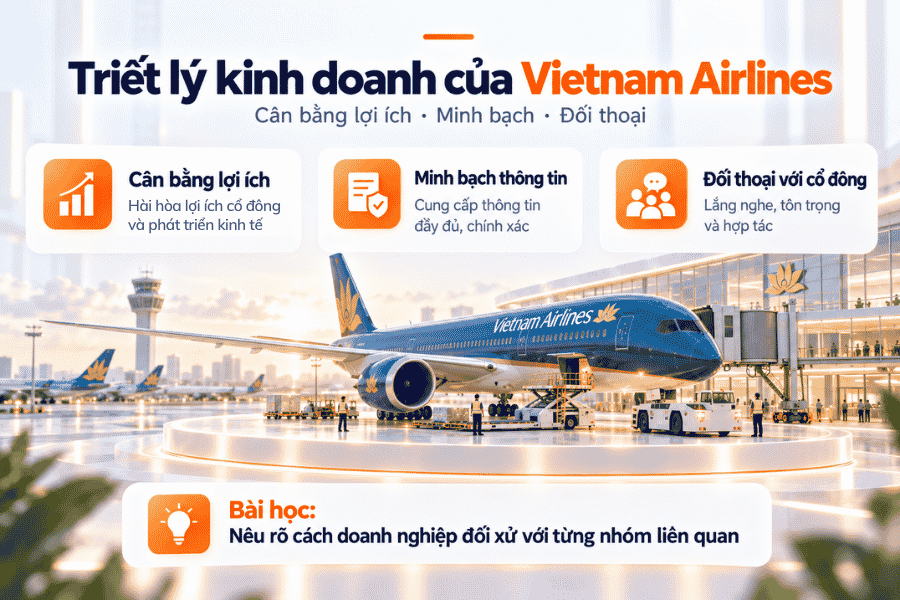 Minh họa cam kết cân bằng lợi ích, minh bạch thông tin và đối thoại với cổ đông.
