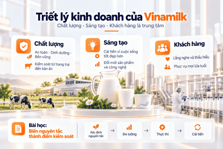 Minh họa ba trọng tâm chất lượng, sáng tạo và khách hàng trong định hướng của Vinamilk.