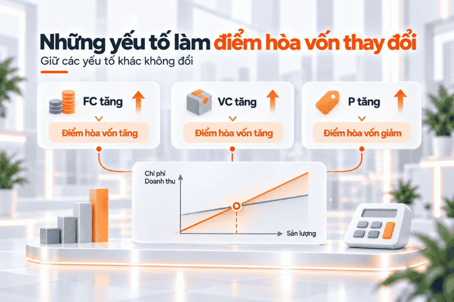 Chi phí cố định, biến phí, giá bán và cơ cấu sản phẩm đều có thể làm thay đổi điểm hòa vốn.