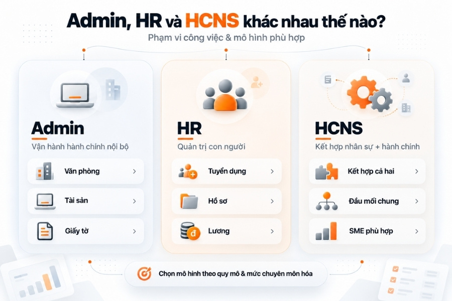 So sánh nhanh phạm vi của Admin, HR và HCNS